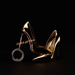 Metallic Gold Stiletto High Heel Pumps Sexy Pointed Toe Fashion 2024 Spring Women Dress Shoes Shallow Solid Slip On Classic Shoe