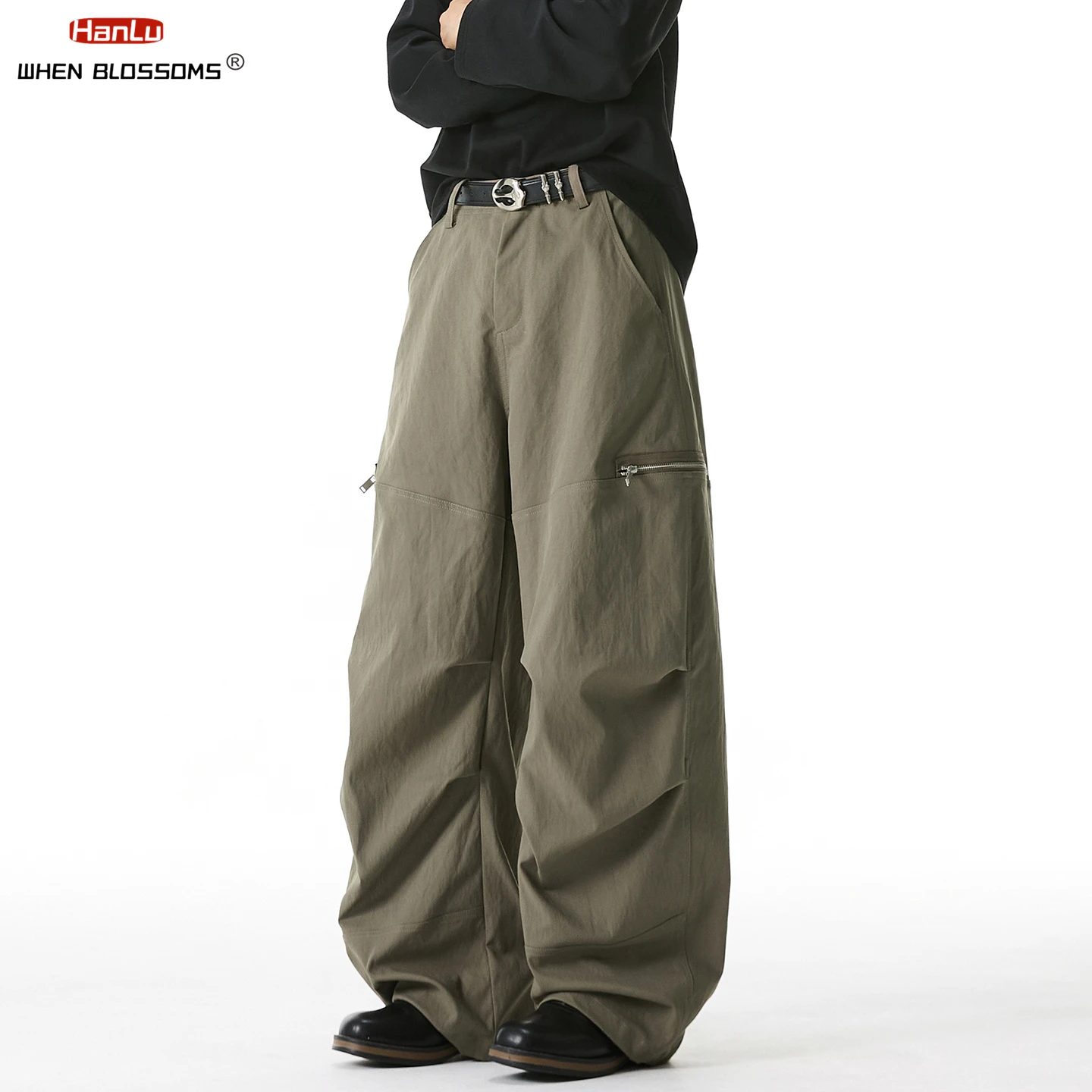 

2025: мужские плиссированные брюки-карго с декольте на молнии, J-образный дизайн с парашютом, винтажная уличная одежда, прямые брюки