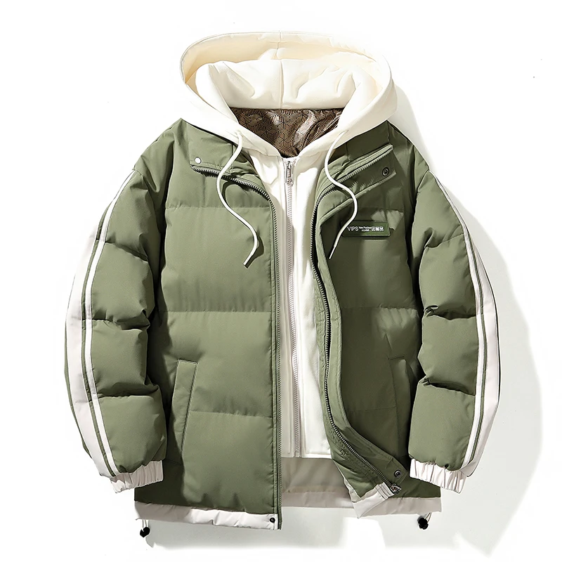 

2025 Winter Men Cotton-Padded Coat Oversized Fake Two-Piece Parkas Warm Thick Bread Jackets Plus Size Hooded Tops M-4XL