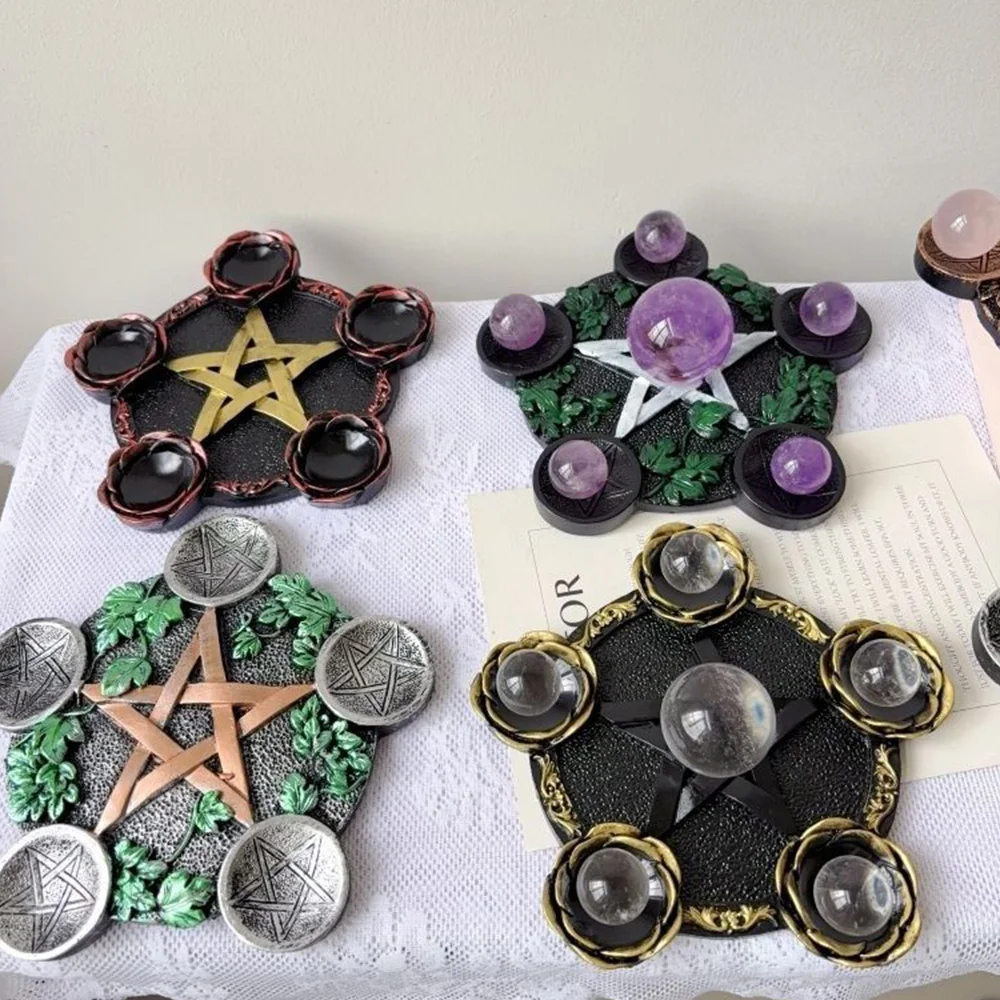 1Pc Retro Five-pointed Star Crystal Ball Base Astrology Pentacle Altar Plate Resin Sphere Holder Tray for Tarot Divination Props