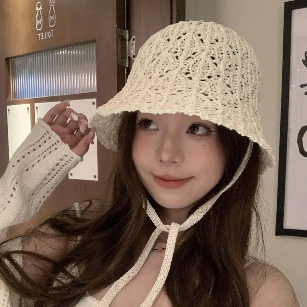 

Chic Summer Weaving Cap New Visor Bucket Hat Hollow Knit Basin Cap Outdoor