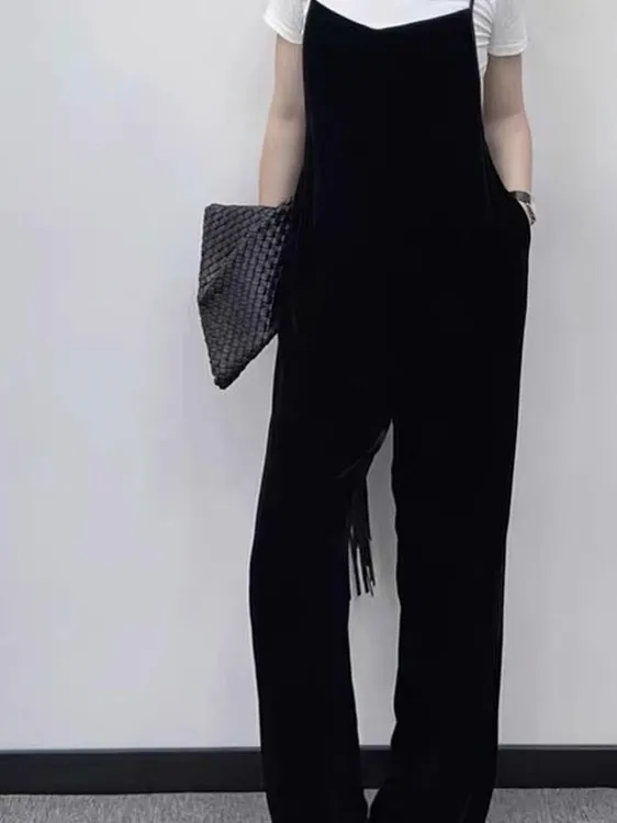 

Простой модный женский комбинезон больших размеров из черного бархата с широкими штанинами, осенняя новинка, подходит для полных женщин, повседневный, с высокой талией