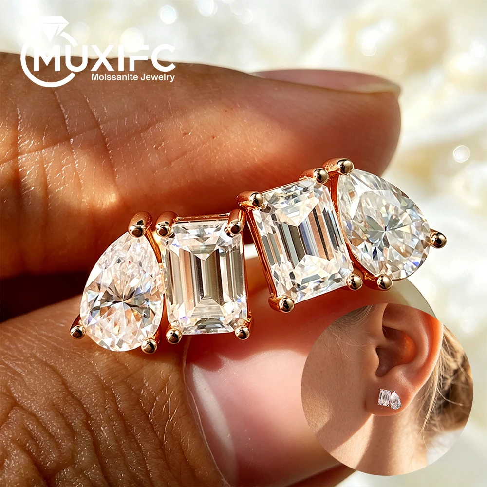 4cttw Radiant/Emerald&Pear Cut Moissanite Stud Earrings 925 Sterling Silver 2-Stone Diamond Ear Studs for Women Wedding Jewelry