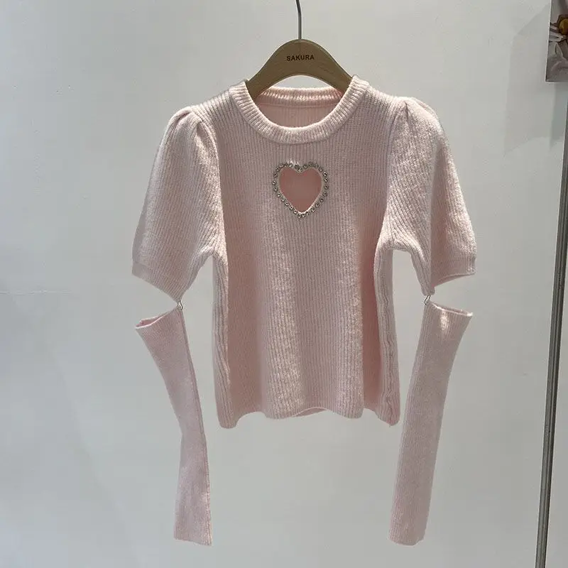 Korean style Knitted Spring Autumn Full Flare Sleeve O-neck Sweater Heart Shape Cut Out Slim Pullover Jumper Women Knitwear