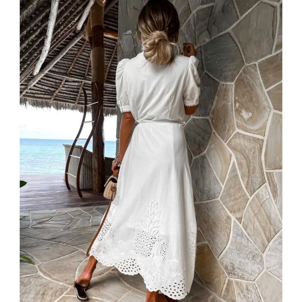 أزياء من الدانتل الدانتيل المرقعة قميص نسائي فستان أنيق الصيف الدانتيل متابعة الخصر محرك الإناث كبيرة سوينغ الوقوف طوق فساتين