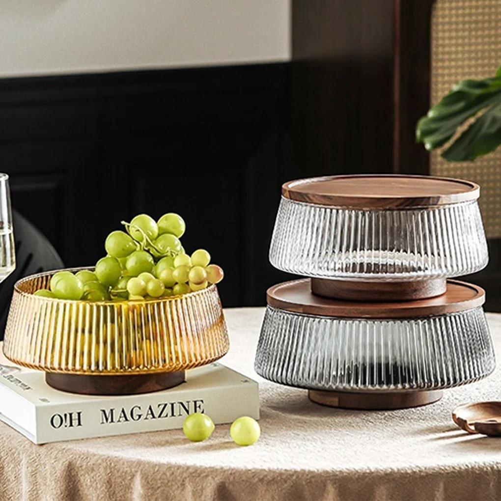 Glass Fruit Bowl Creative Large Salad Bowl Wood Base Snacks Popcorn Nuts Storage Bowls Home Christmas Snack Storage Container