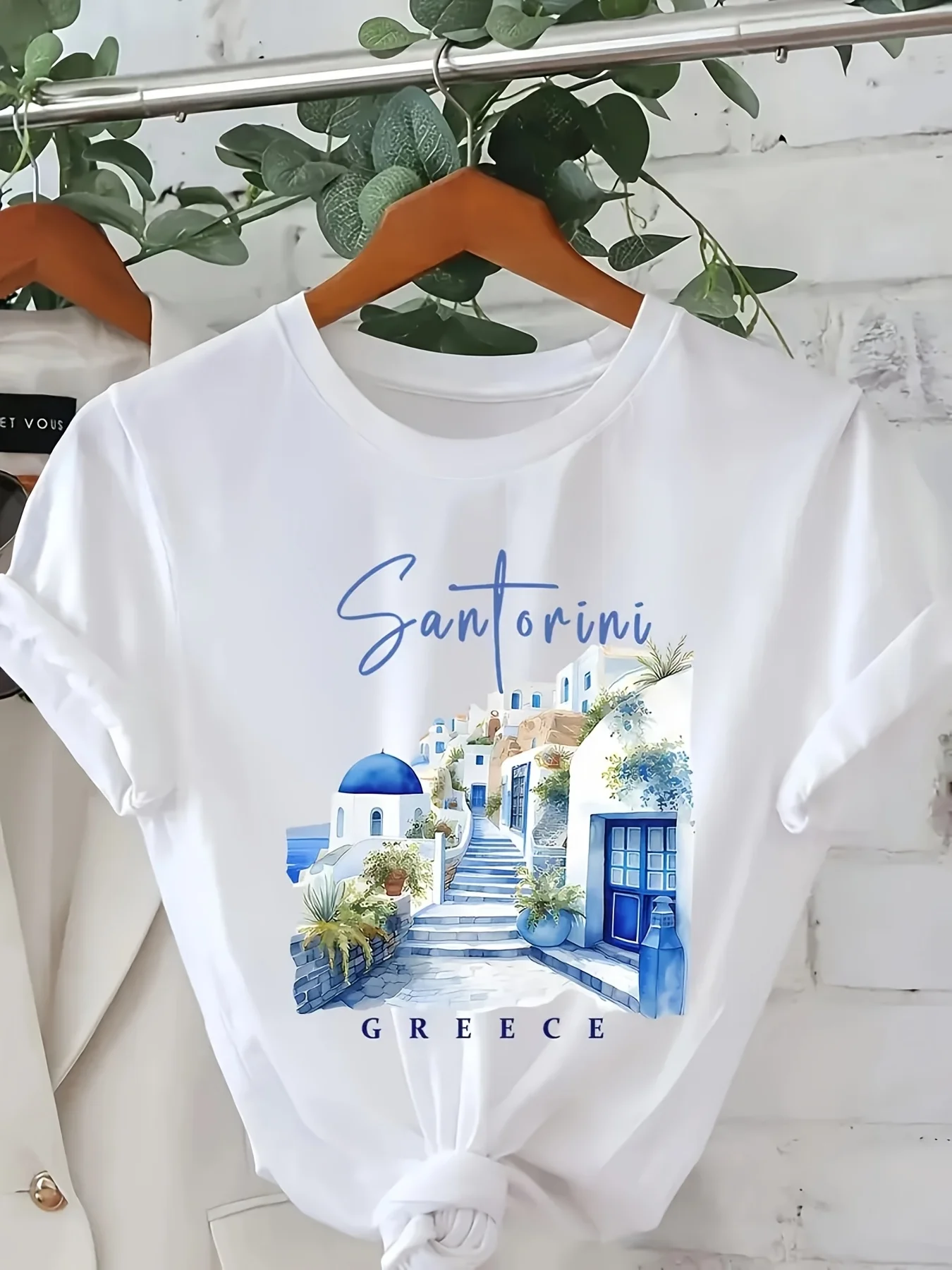 Women'S Santorini Greek Pattern Print T-Shirt - Short Sleeve Round Neck Casual Top Lightweight Spring/Summer Travel Souvenir