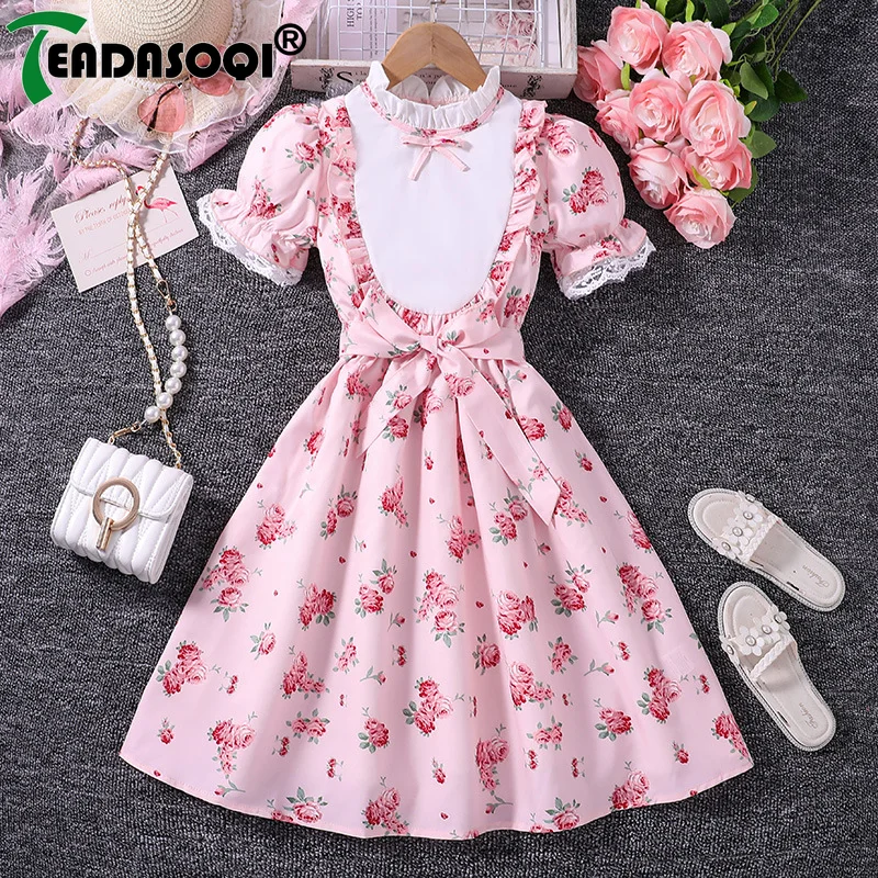 

2024 Summer New Arrival Kids Girls Dress Short Sleeve O-Neck Ruffles Prints Cute Floral Party Princess Dresses Custume 8-12Y