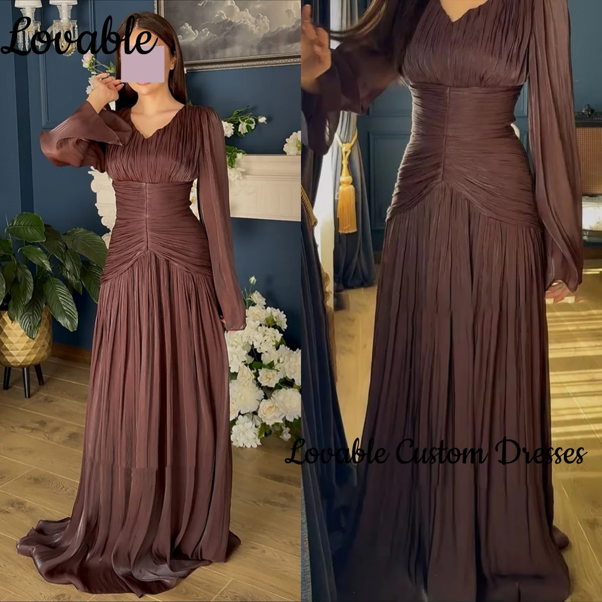 

Customize Long Sleeves Luxury Dresses Evening A-Line V-Neck Elegant Dresses For Women Floor-Length Ruffle Prom Dress