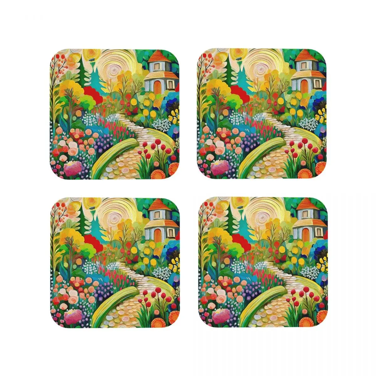 Gustav Klimt Blumengarten mit Hütte Untersetzer Kaffeematten Tassen-Untersetzer Tischsets Geschirruntersetzer für Zuhause Küche Esszimmer Bar