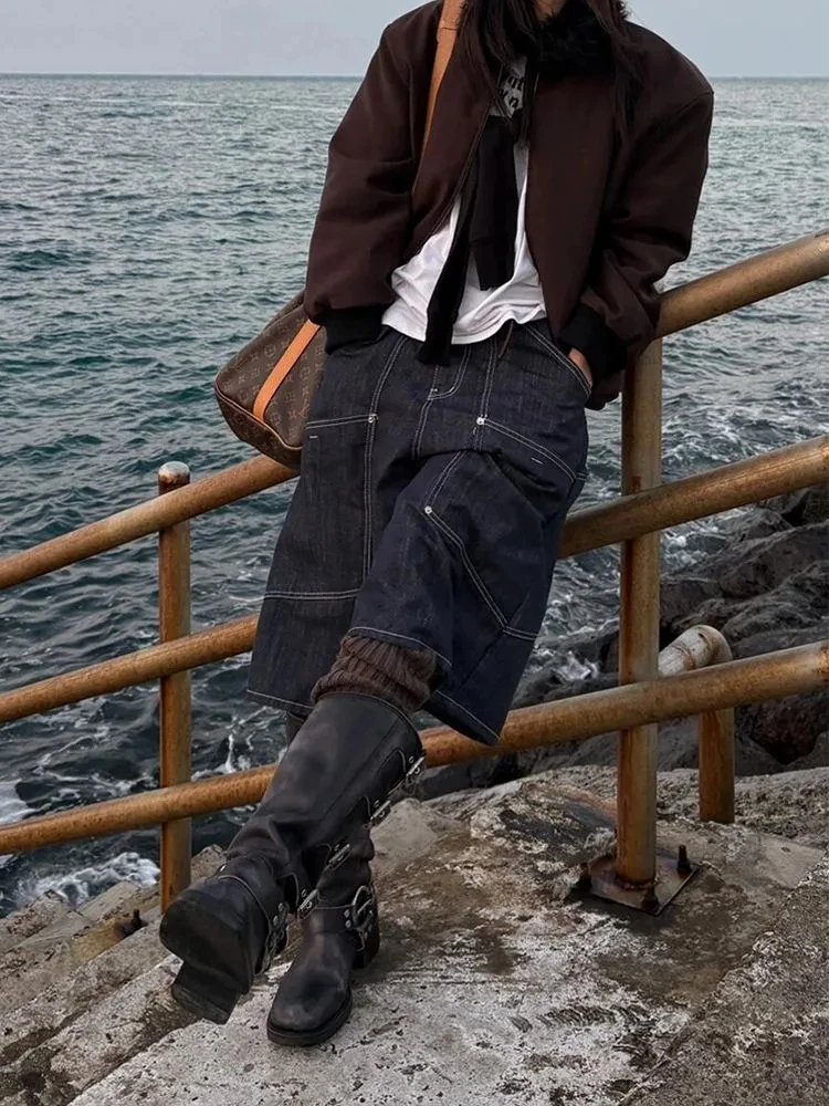 Americano retro bezerro comprimento bolsos hip-hop calças largas feminino grunge lavado rua jean emo casual y2k perna larga denim shorts