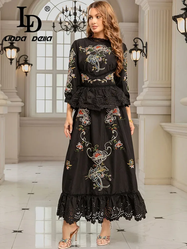 LD LINDA DELLA 2025 Spring/Summer New Vintage Nine Sleeve Heavy duty Embroidery Flower Splicing Lace Waist Ruffle Edge Dress