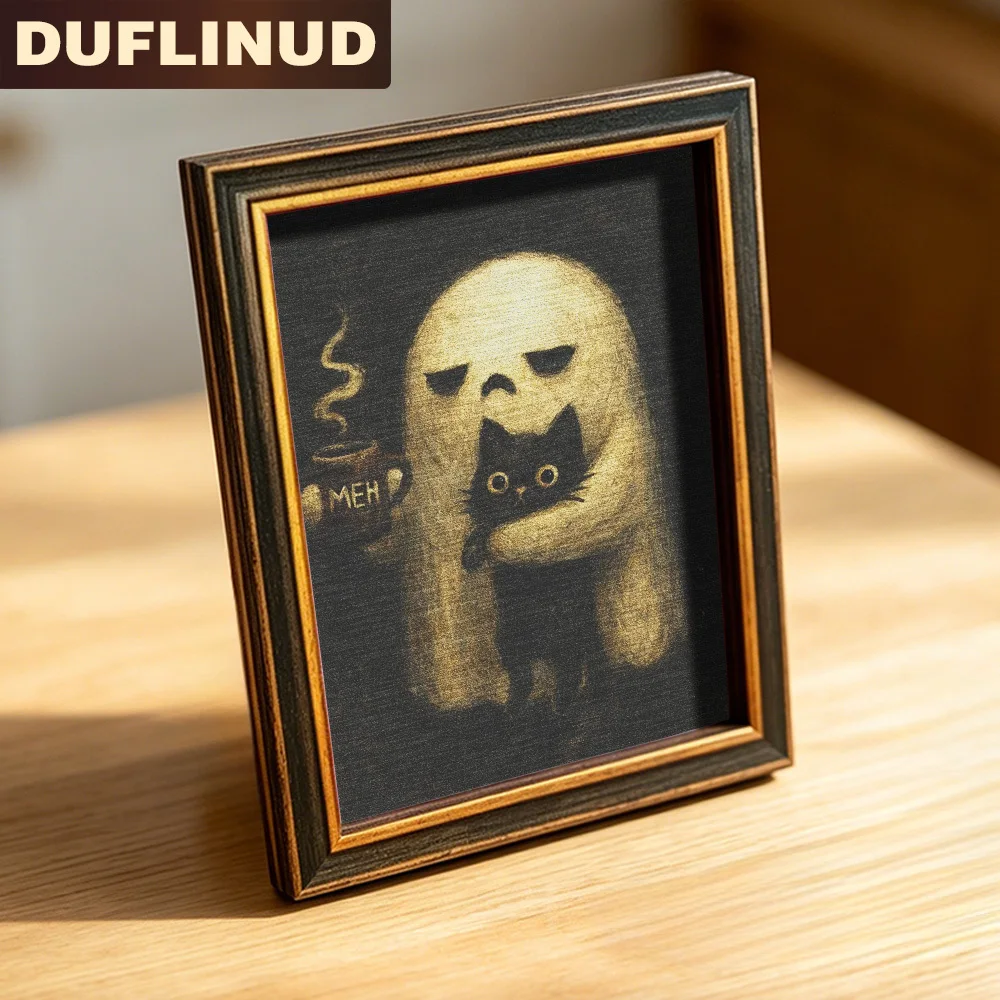 Vintage Frame Ghost Black Cat Wooden Fridge Magnet Retro Gothic Halloween Kitchen Decor Gift