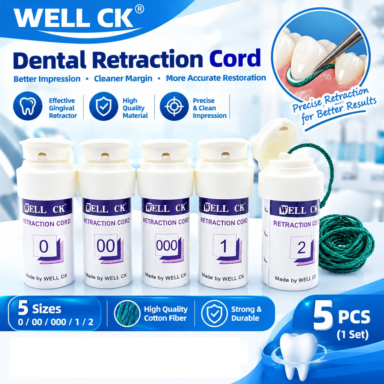 WELLCK Dental Thread Gingival Retraction Cord Knitted Cotton Gum Line Dentist Tools 5 Size 0 00 000 1 2 Dentistry Material