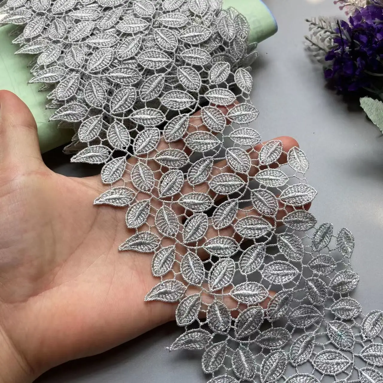 1 yard 11cm Gray Leaf Polyester Pearl Flower Embroidered Lace Trim Ribbon Fabric Handmade DIY Wedding Sewing Supplies Craft