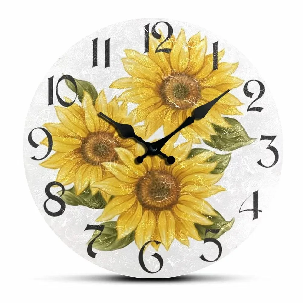 Battery Operated Retro Sunflower Clock Wooden Modern Silent Wall Clock Round Non-Ticking Hanging Wall Decor Clocks Living Room