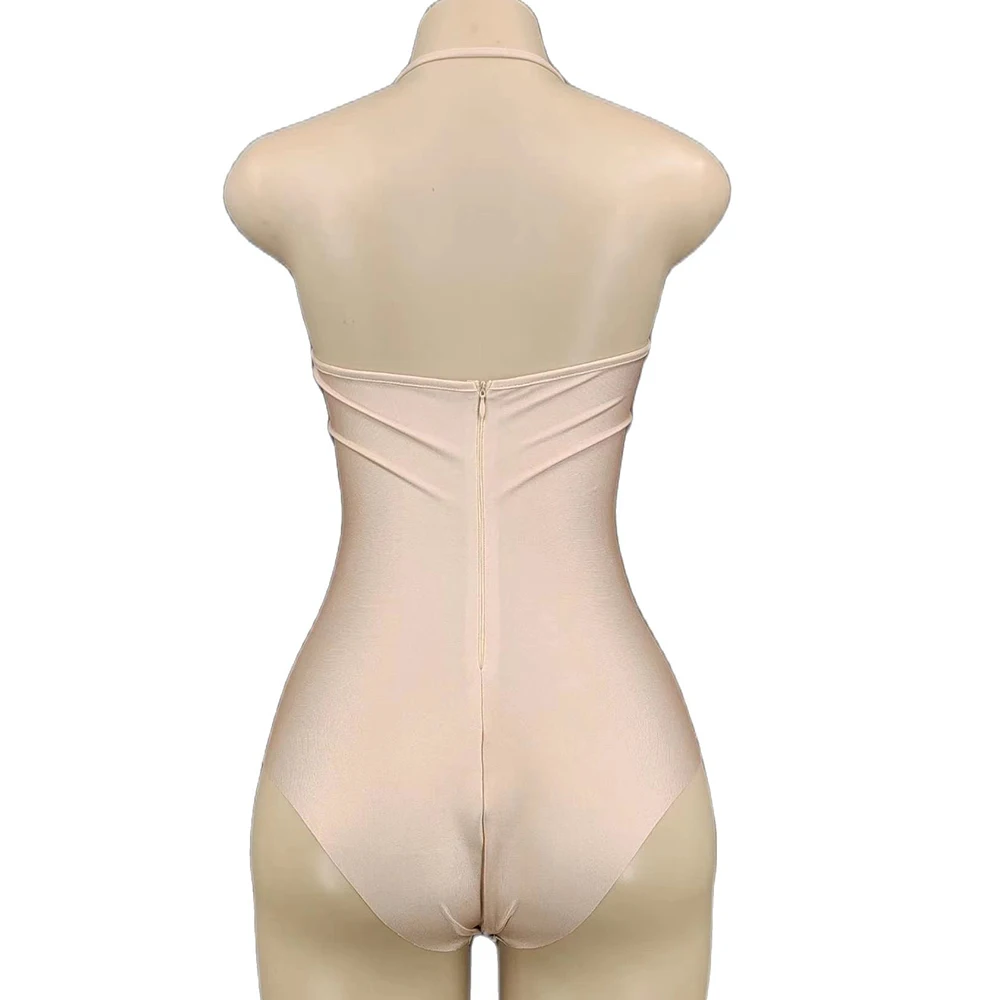 Sólido nude sem costas macacão apertado estiramento bodysuit feminino alta fenda saia base noite formatura outfit trajes boate