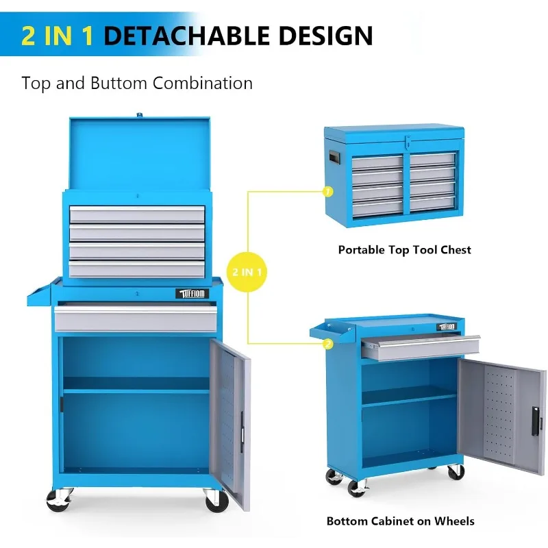 خزانة أدوات دوارة مكونة من 5 أدراج، وخزانة تخزين الأدوات مع أدراج، وعجلات قابلة للقفل، وعلوي قابل للفصل ورف قابل للتعديل