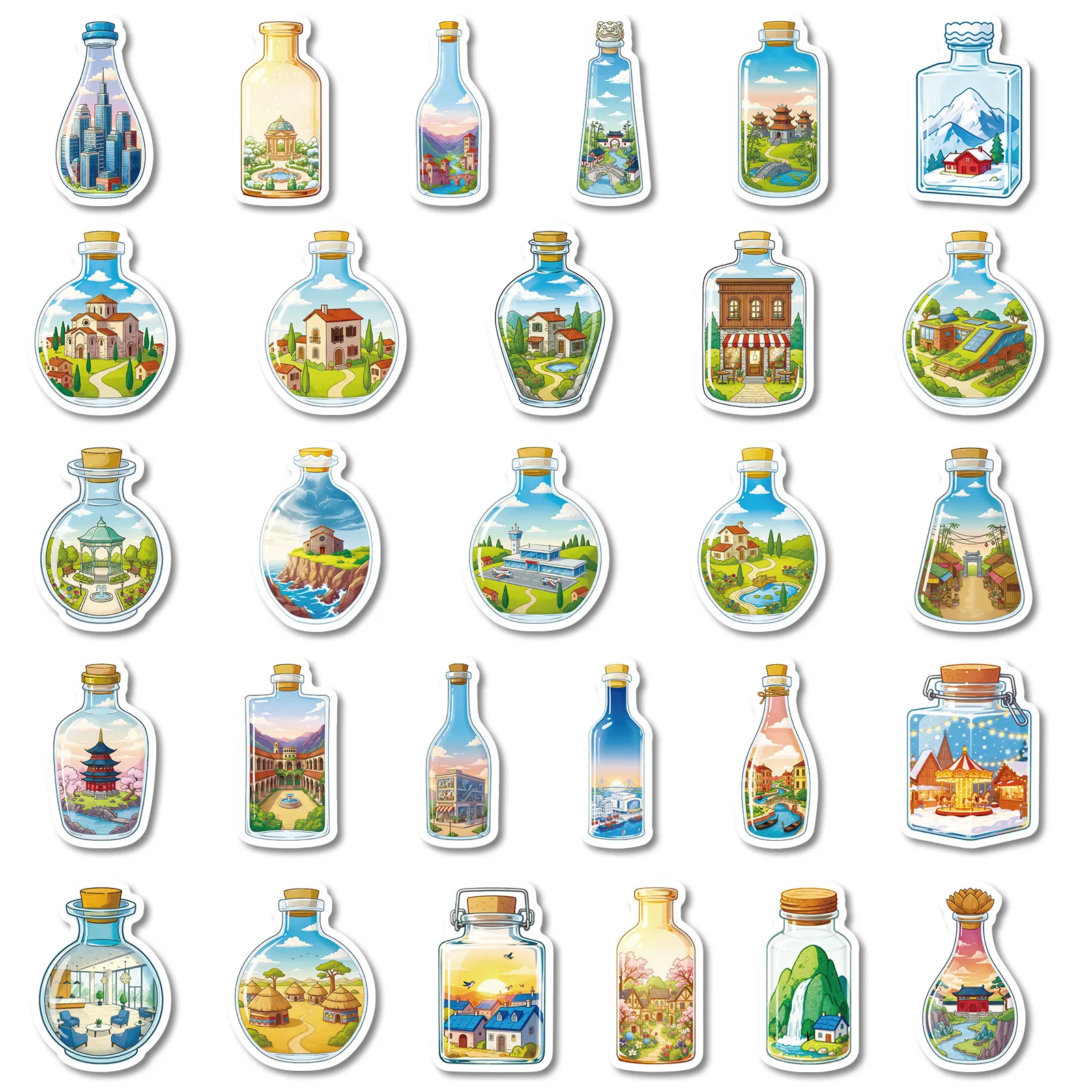 10/56PCS World in a Bottle Cartoon Stickers Architectural Landscape Graffiti Decoration DIY Toys Laptop Guitar Car Bike Decals