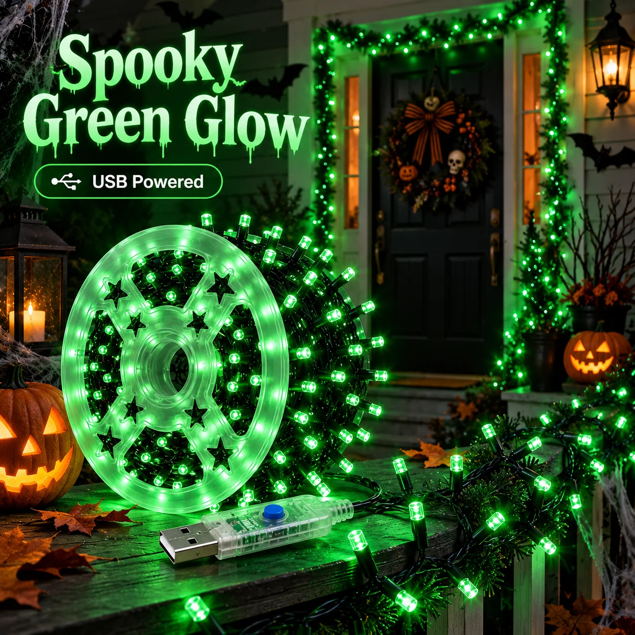 Halloween String Lights USB Reel Fairy Lights 180/260/320/400LED 8 Modes for Porch Yard Garden Fence Patio Window Party Decor