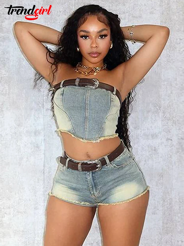 Mlaiscsr Vintage Strapless Crop Tops and Shorts Two 2 Pieces Set Women Denim Stretch Suit Sexy Night Club Birthday Jean Outfits