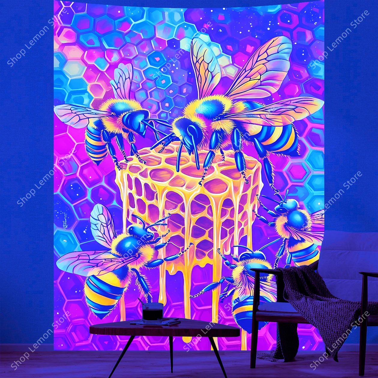 

​​Vibrant Neon Bees Honeycomb Psychedelic UV Tapestry Wall Hanging Boho Home Sitting Room Bedroom Dormitory Decor Cosmic Art​
