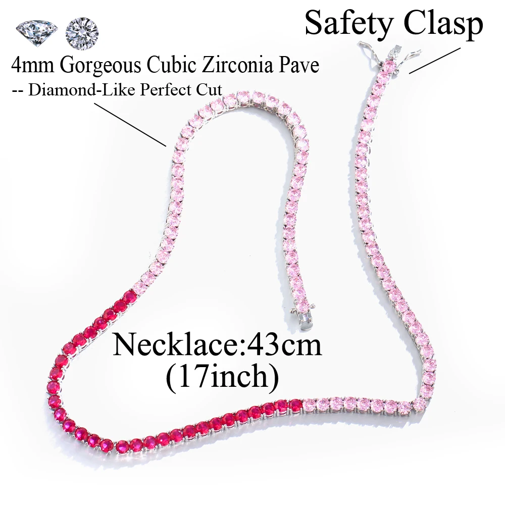 CWWZircons Chic Bling Pink Red Cubic Zirconia Round Chain Link Tennis Choker CZ Necklace for Women New Trendy Jewelry Gift CP117