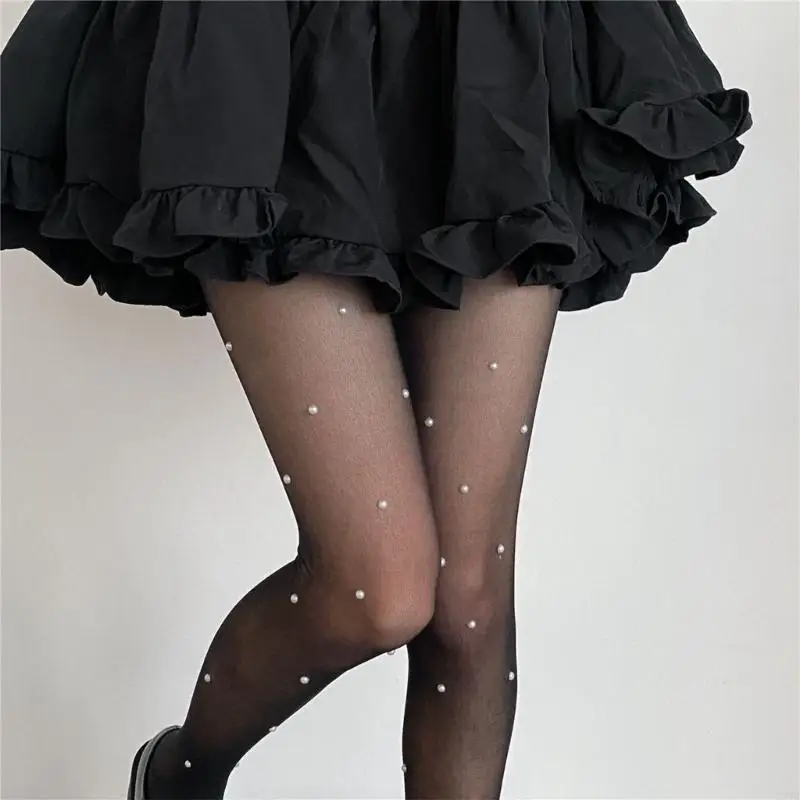 L5YC Women Sexy See Through Pantyhose Pearls Beaded Silky Tights Stockings Clubwear