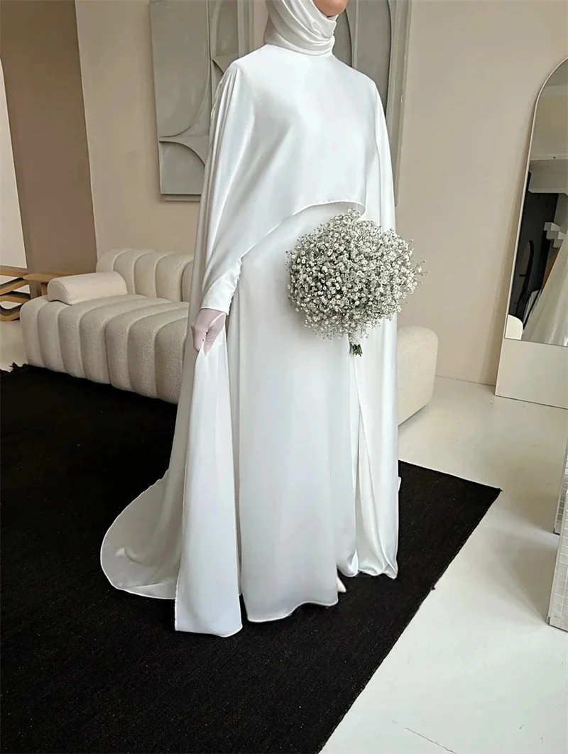 QICHE Modest White Muslim Wedding Dresses with Cape Customized Bride Dress Elegant Long Sleeves Woman Bride Civil Bridal Gowns