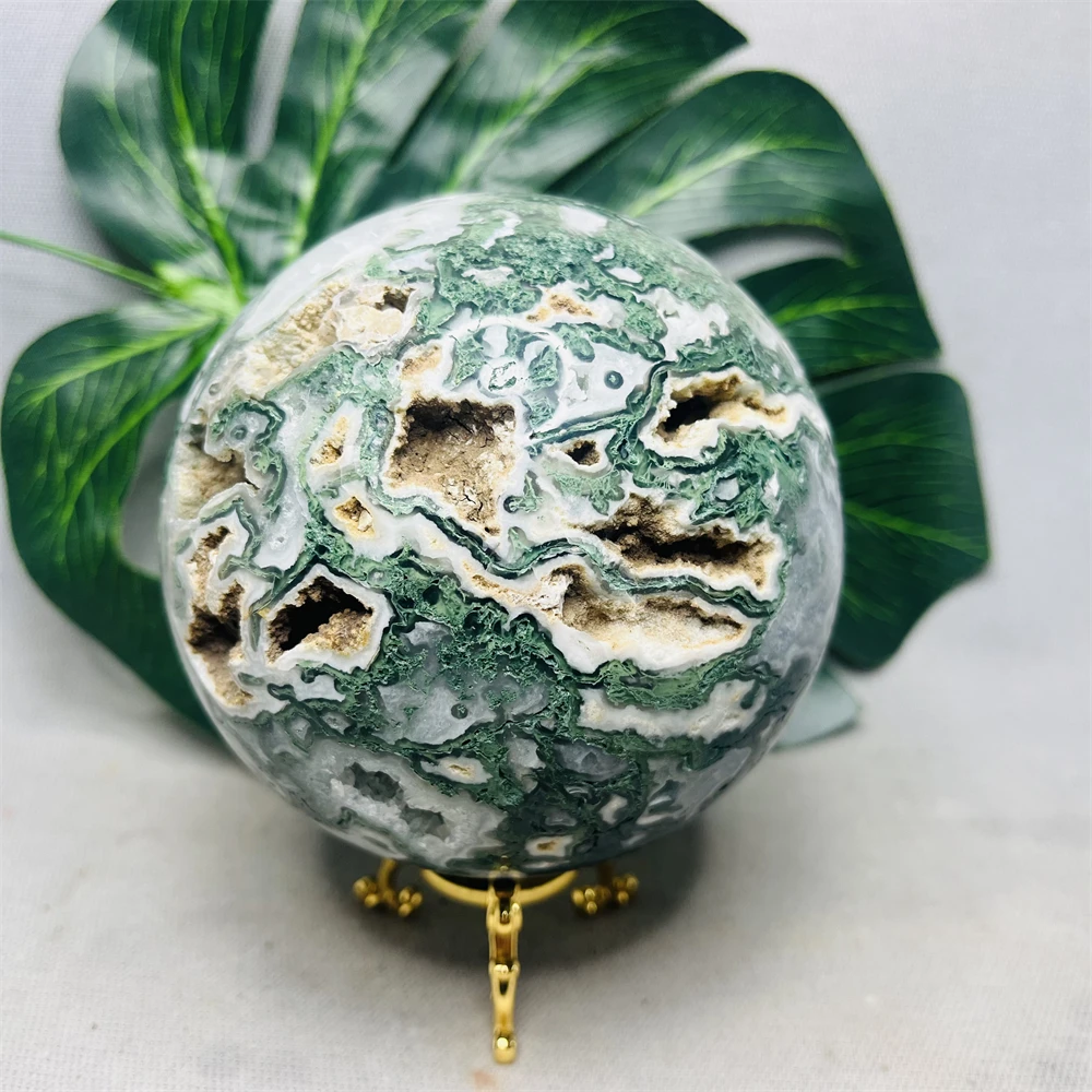 Perfect Moss Agate Geode Ball Super Energy Yoga Chakra Spiritual Healing Witch Altar Prayer Home Garden Room Decoration Gift