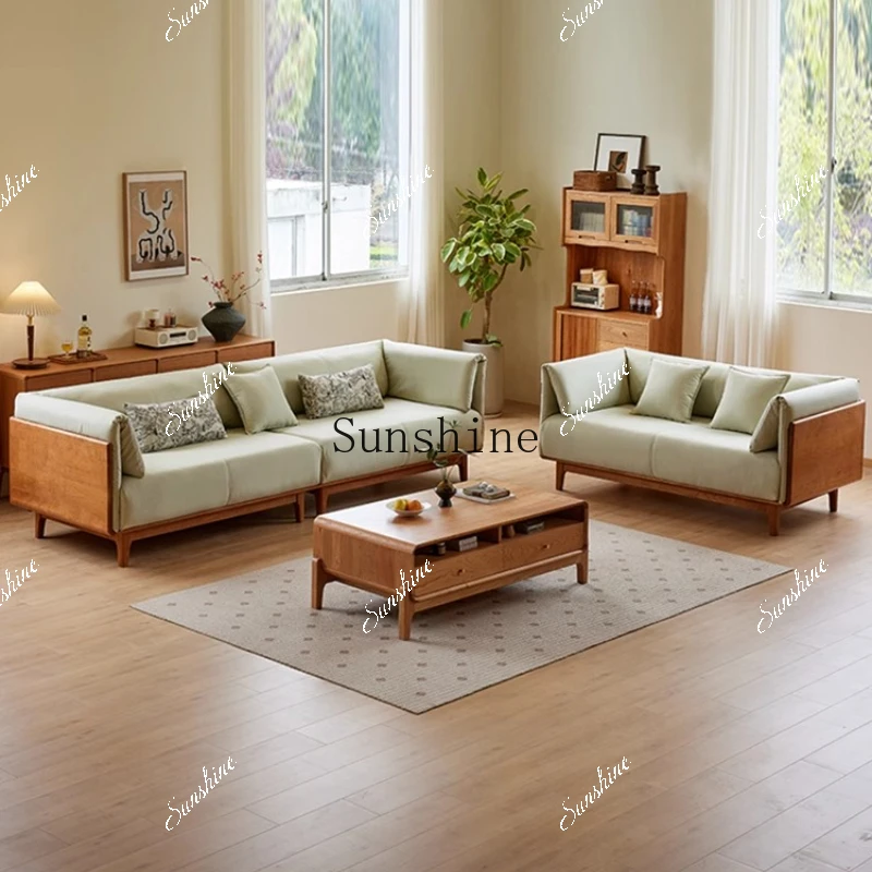 Japanese cream wind log straight row removable and washable winter and summer all-solid wood sofa  FT