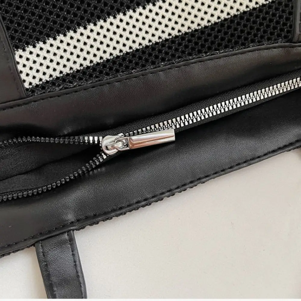 

Korean Style Black and White Striped Tote Bag Lazy Style Large Capacity Woven Shoulder Bag Zipper Beach Handbag