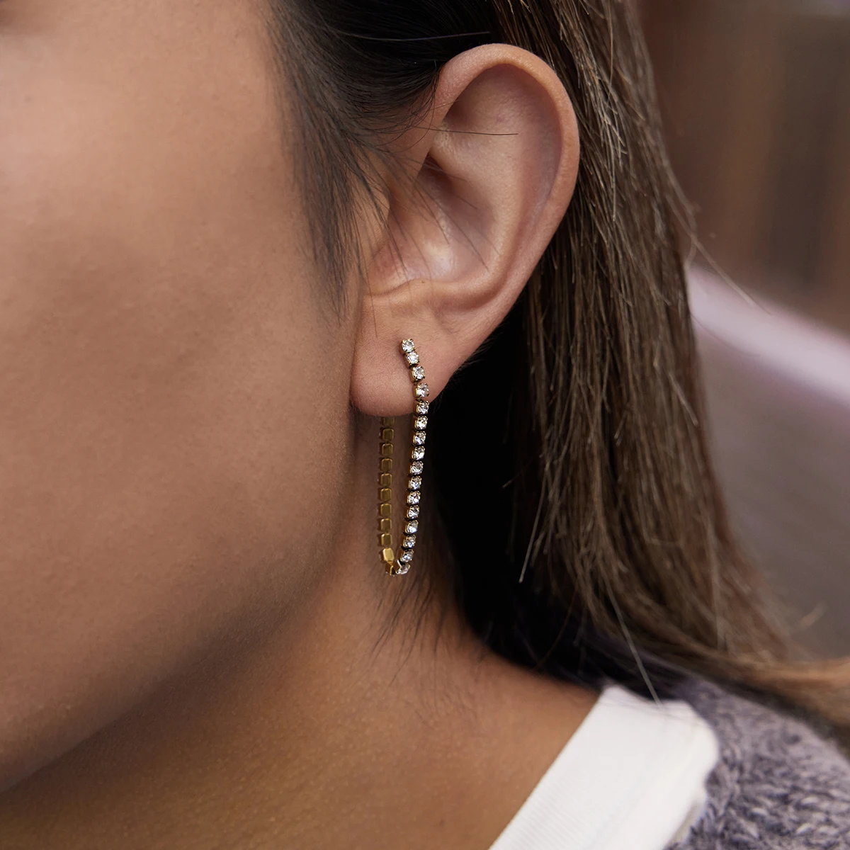 Yori Hot Style White Cubic Zirconia Chain Tassel Stud Earrings Stainless Steel Fashion Chic Charming Jewelry Prevent Allergy