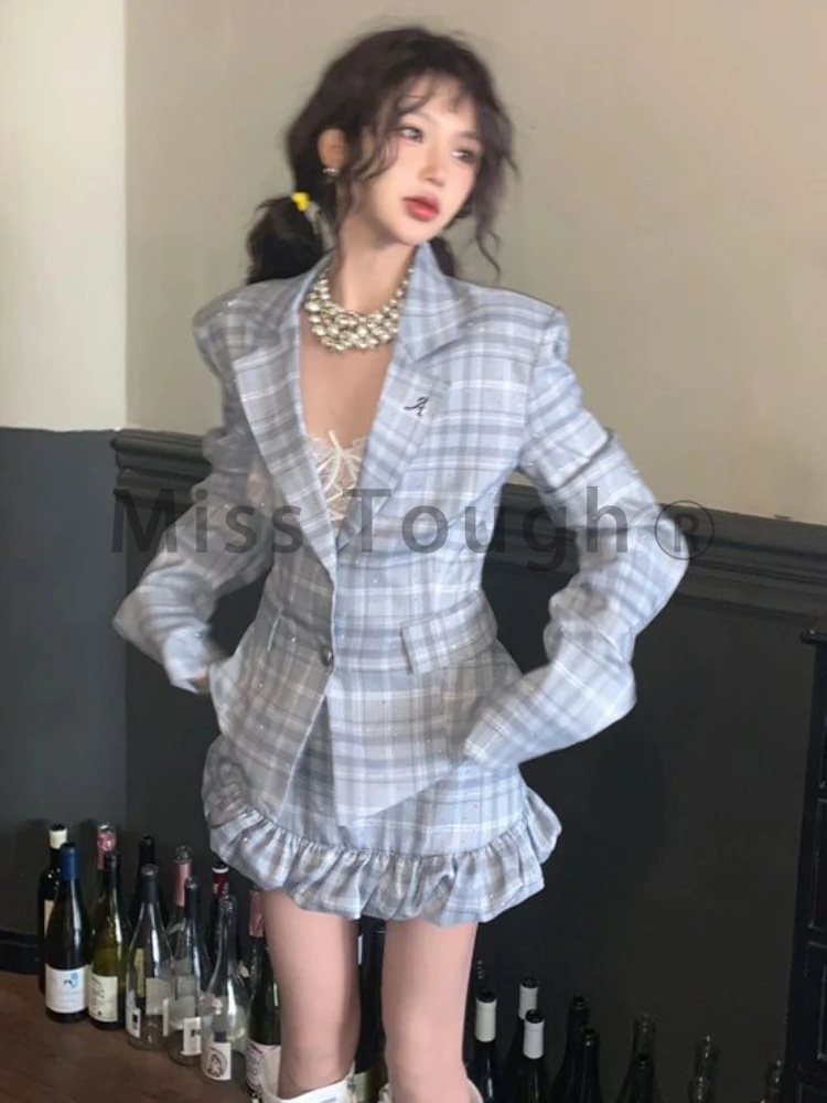 Preppy Style Sexy 2 Piece Set Women Blue Plaid Coat + Flounce High Waist Sweet Skirt Suit Female New Elegant Kawaii Set Spring