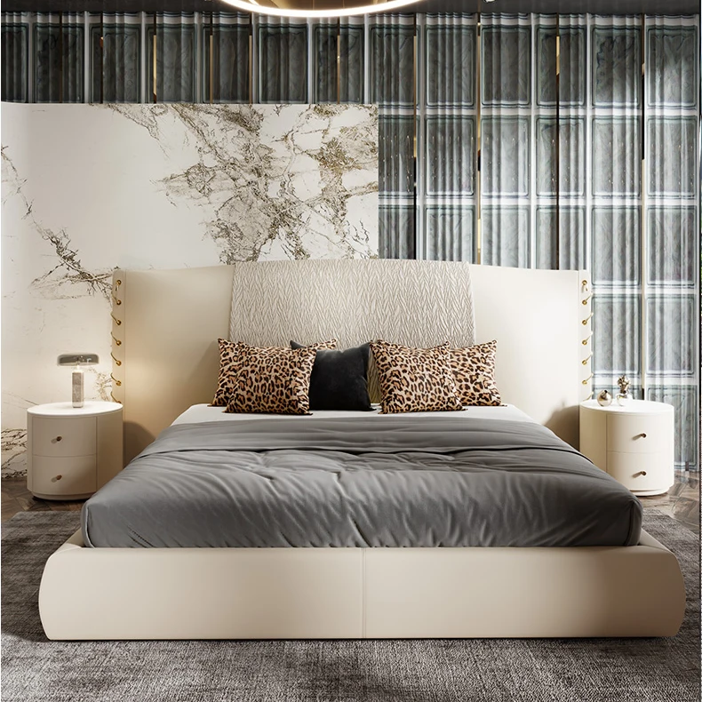 # Curved Patchwork Headboard Leather Bed for Bedroom, Plush Soft Bed with Metal Strap Detail & Vintage Luxury Style