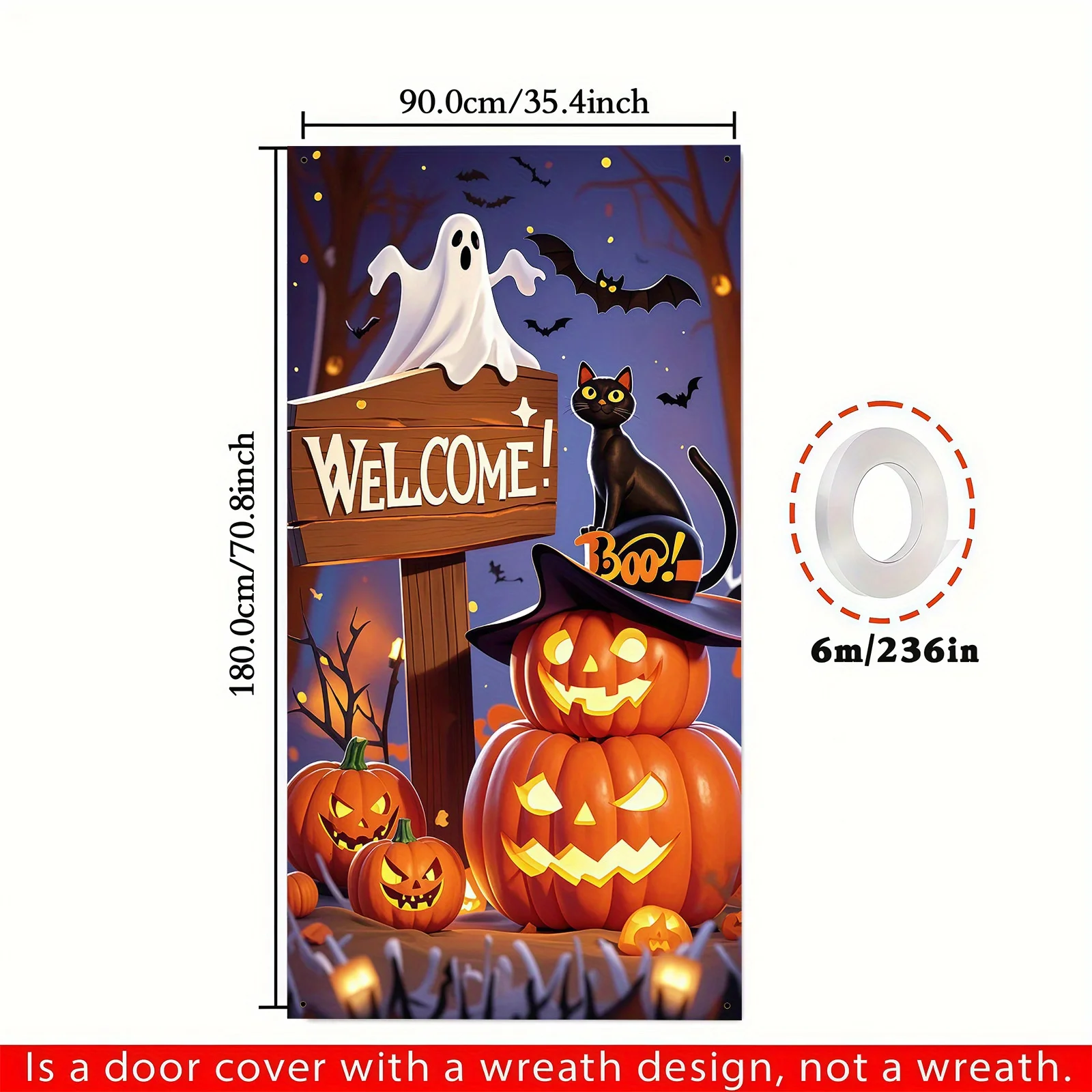 โลโก้ปาร์ตี้ฮาโลวีน 1 ชิ้นพร้อมดีไซน์ที่มีลักษณะเป็นฟักทอง แมวดำ และผี ของตกแต่งฮาโลวีน