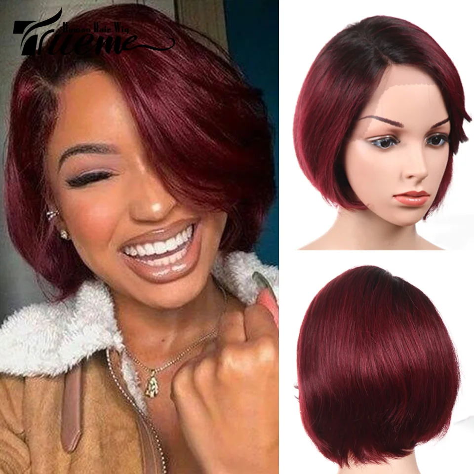 

Trueme короткий парик из человеческих волос, парики, цветные бразильские прямые парики на сетке спереди, человеческие парики для чернокожих женщин, вырезанные Т-образные парики на сетке