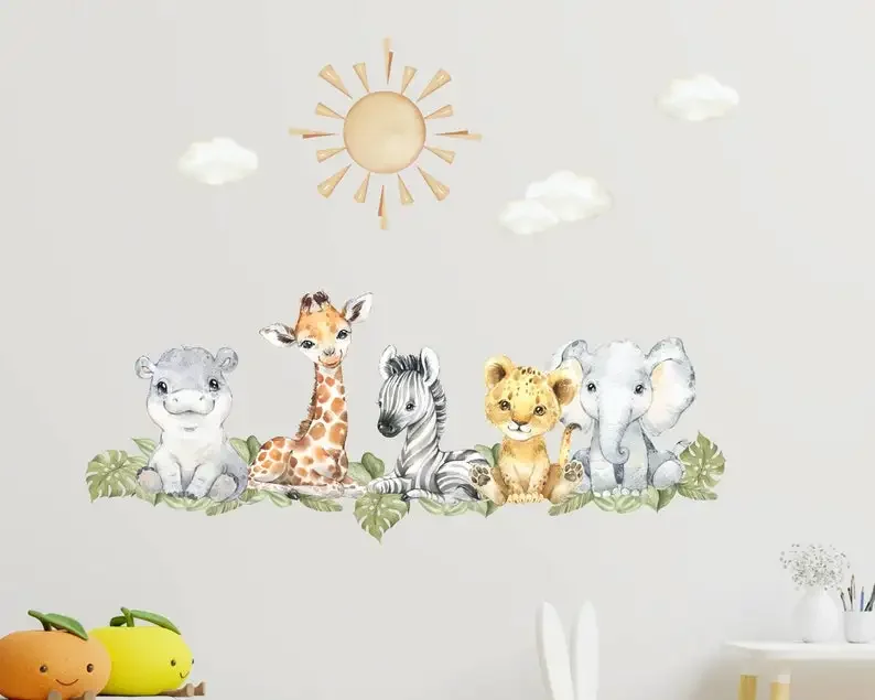 Baby Safari Animals Watercolor Wall Decal, Watercolor Wall Sticker, Nursery Mural, Lion, Elephant Wall Decal, Peel and Stick Tre