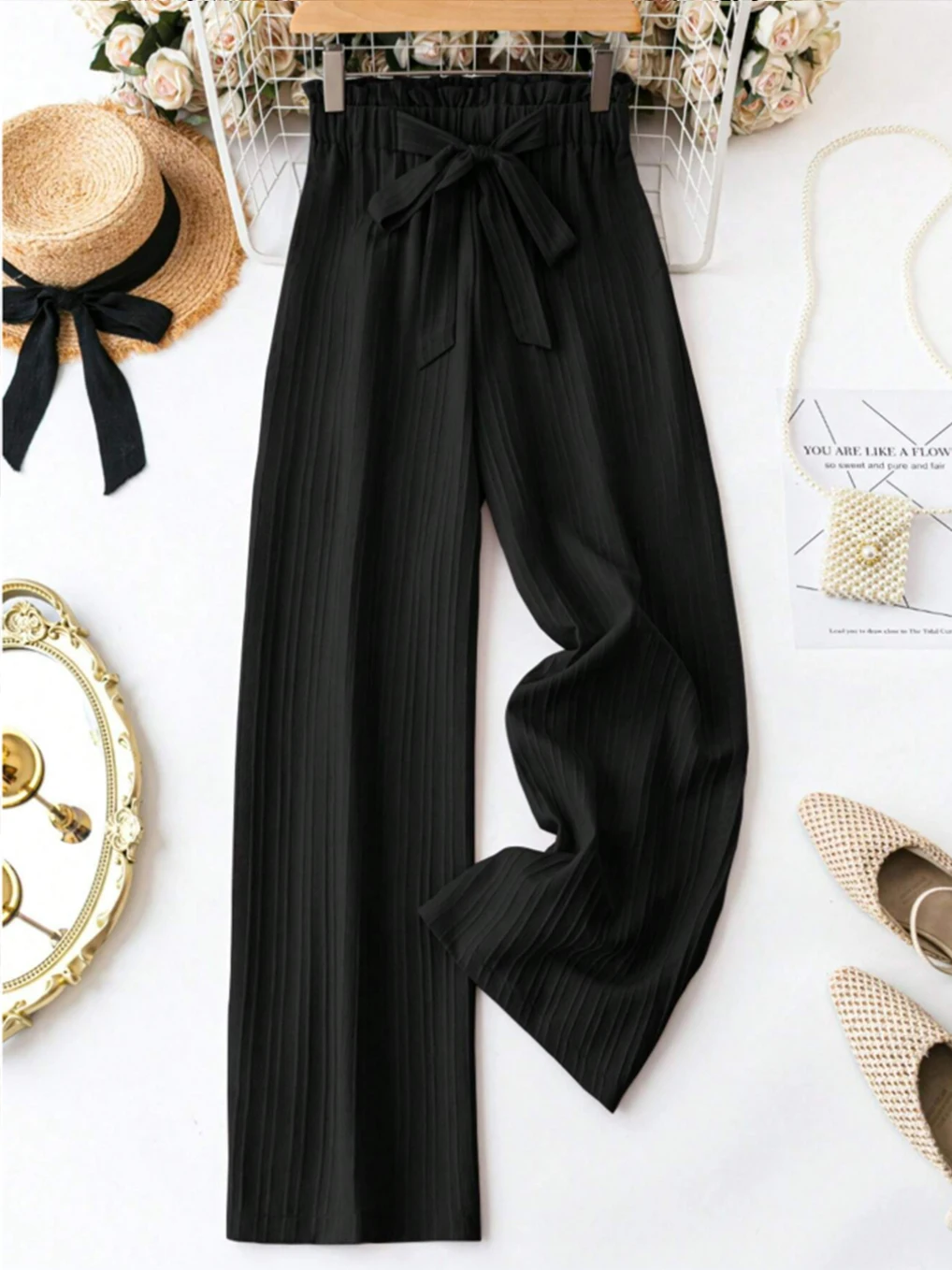 Summer Textured Striped Wide‑Leg Pants, High‑Waist Bow Tie, Draping & Breathable Black Commuter Casual Trousers