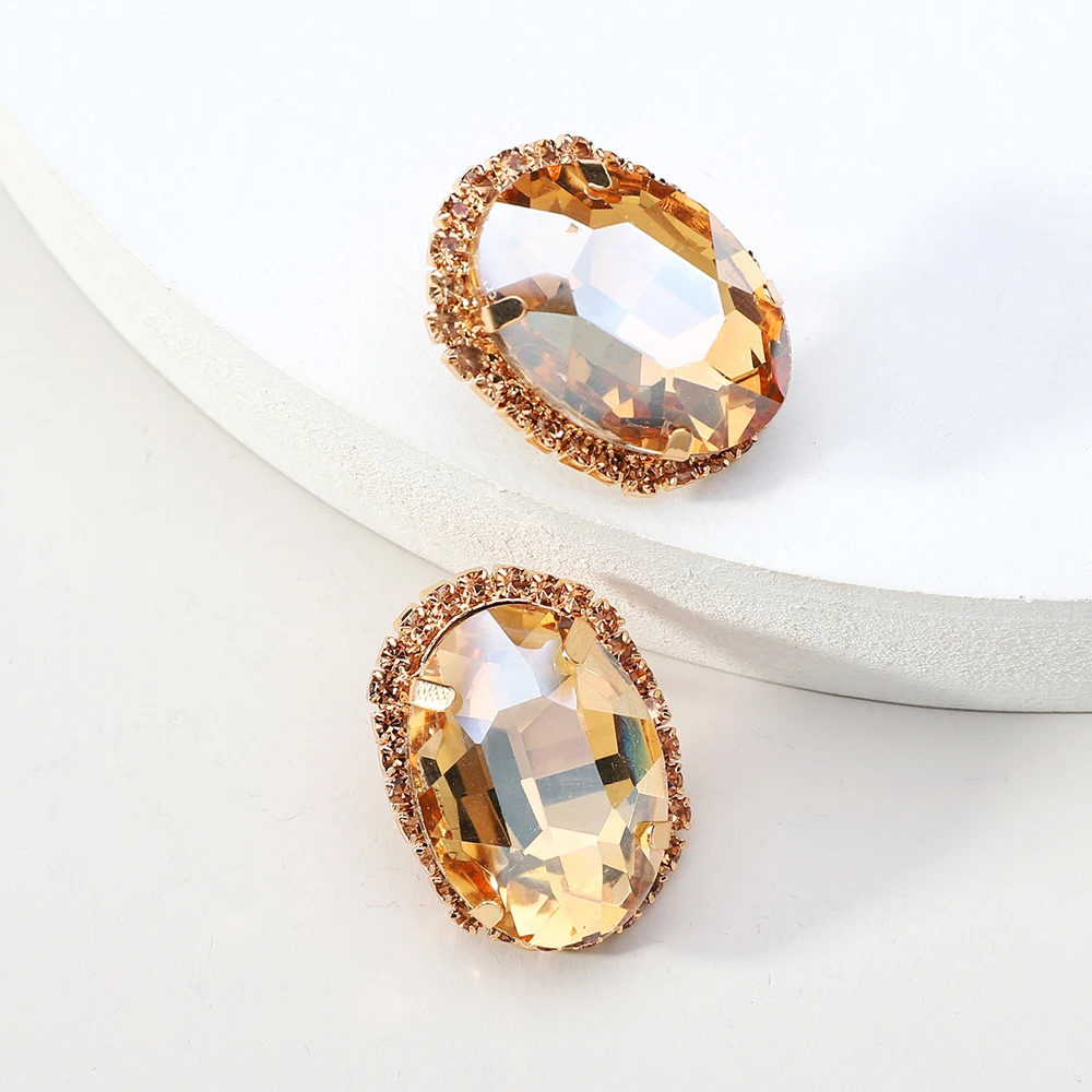 Fahion Oval Shiny Glass Glamorous Decor Big Stud Earrings For Women Luxury Brand Holiday Fairy Charm Jewelry Ear Accessories