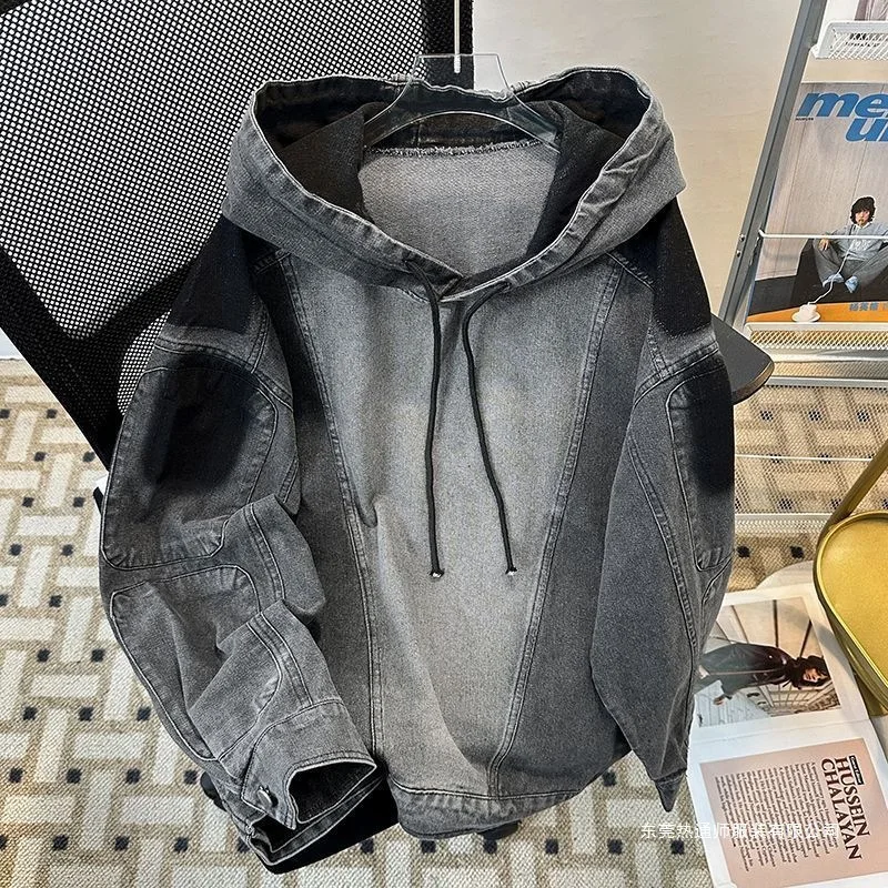Autumn New Men's Street Style Denim Hoodie American Casual Fashion Loose Washed Spliced Male Drawstring Hooded Sweatshirt
