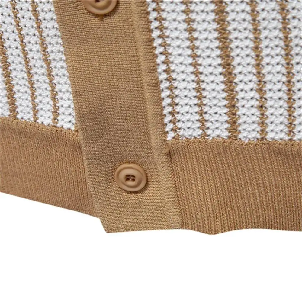 2026 Fashion Office Business Polos For Men Contrast Striped Short Sleeve Button Polo Breathable Knitted Mesh Tops Shirts