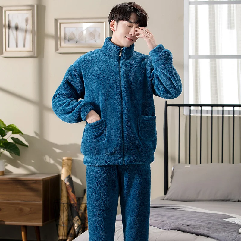 Conjunto de pijama de franela gruesa para hombre, ropa de dormir con cremallera, de manga larga, cálida y sólida, para Otoño e Invierno