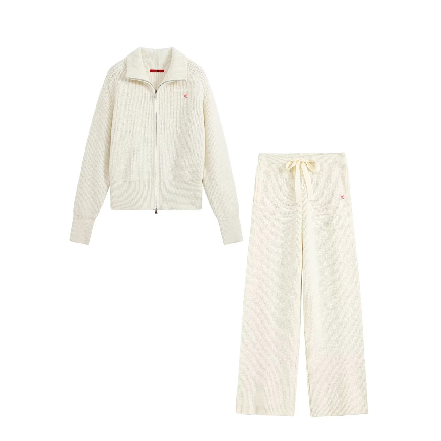 Women Zip Up Collar Knit Two Piece Set Red Embroidered Logo Long Sleeve Cardigan Drawstring Wide Leg Pants Outfit Suit view 4