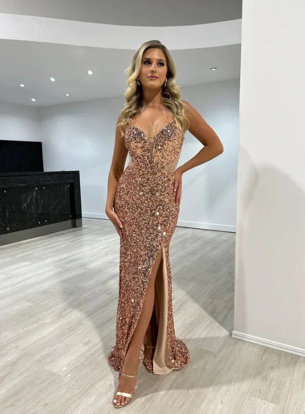 New Sequined Slit Sexy Suspender Dress in Europe America and The Middle East, High-grade Temperament Waist Banquet Dress Luxury