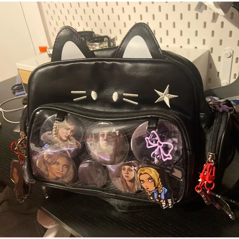 Umhängetasche, Katzenförmige Ita-Tasche mit transparentem Sichtfenster für Abzeichen, Pins und Puppen, leichte, niedliche Mode-Rucksäcke – Detail 13