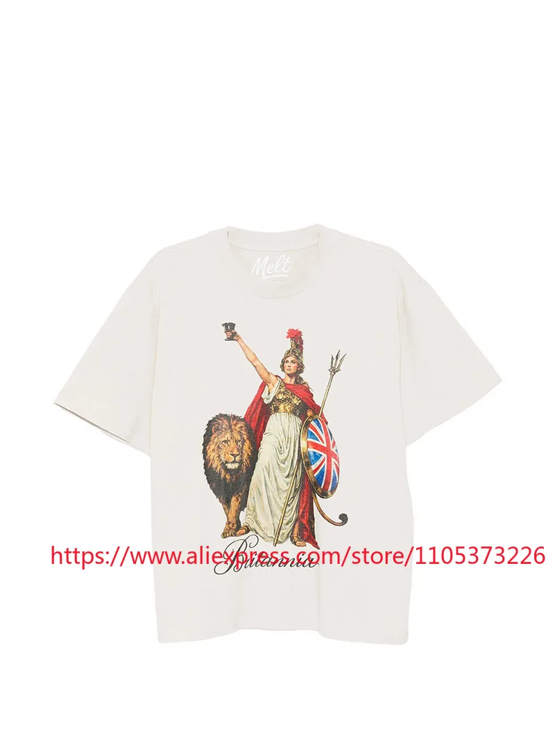 2026 New Melt Lion Print T-Shirt Vintage Washed Casual Loose Fit Cotton Short Sleeve Top