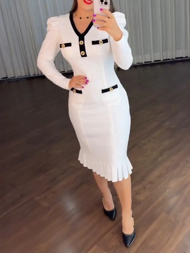 

Button Decor Contrast Paneled V-Neck Puff Sleeve Zipper Back Commuting Dress Pockets Design Pleated Hem Tweed Dress