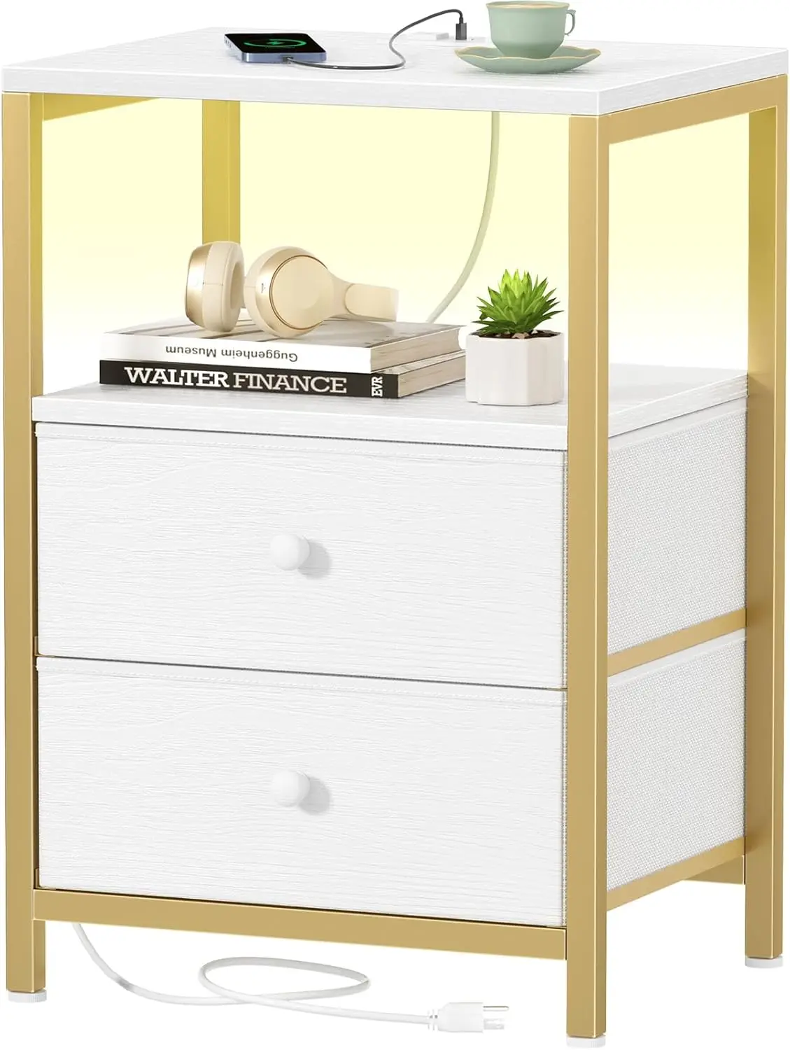 

White Gold Nightstand with Charging Station, LED Bedside Table, 2 Drawers, USB & Outlet, Modern Bedroom