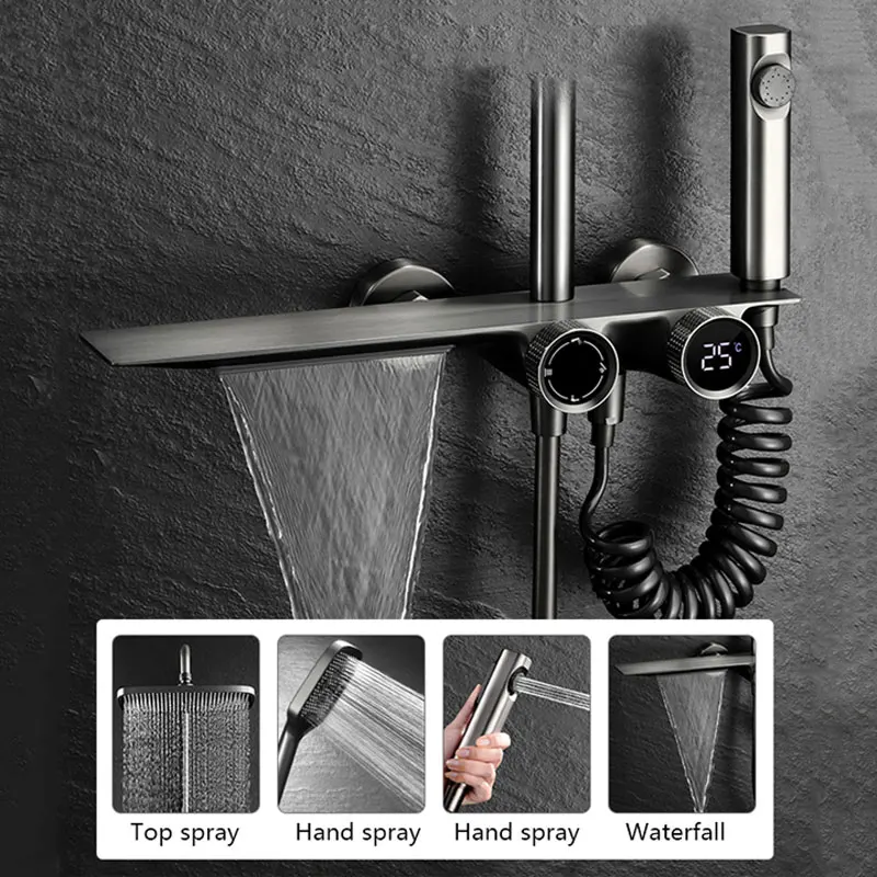 Wall-Mounted Waterfall Shelf Bathroom Mixer Faucet Digital Display Shower Set,Copper Bathroom Showers Sets Bathroom Accessories